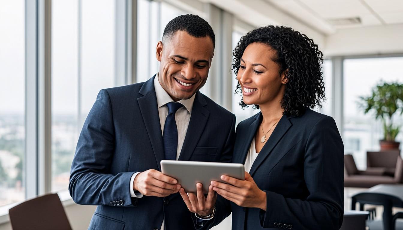 Two professionals reviewing a tablet together